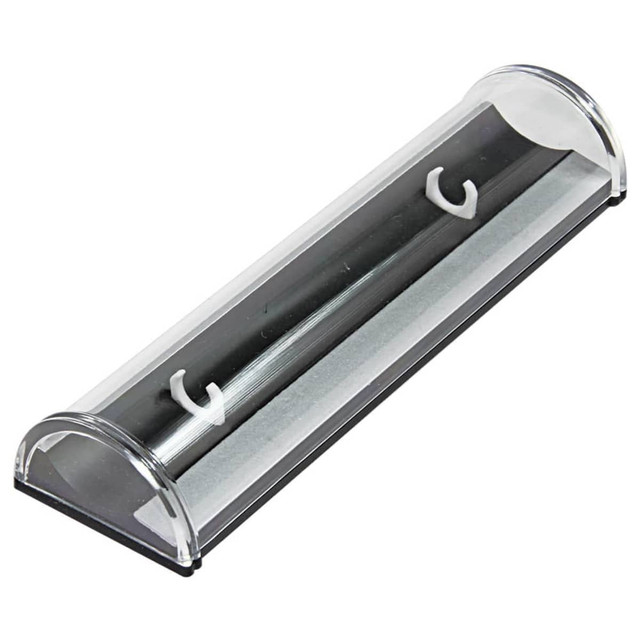 A transparent pen box with a curved top and two hooks for holding pens, featuring a black base. A transparent pen box with a curved top and two hooks for holding pens, featuring a black base.