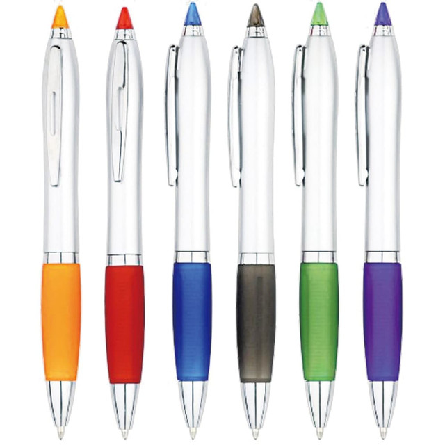 A collection of six stylus pens with various coloured grips: orange, red, blue, grey, green, and purple. Each has a silver body and branding. A collection of six stylus pens with various coloured grips: orange, red, blue, grey, green, and purple. Each has a silver body and branding.