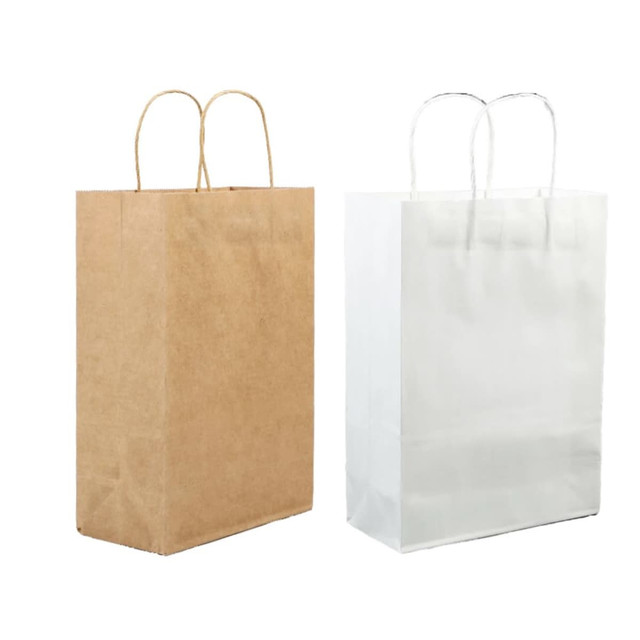 Two paper bags are displayed: one is brown kraft with twisted handles, and the other is plain white with twisted handles.