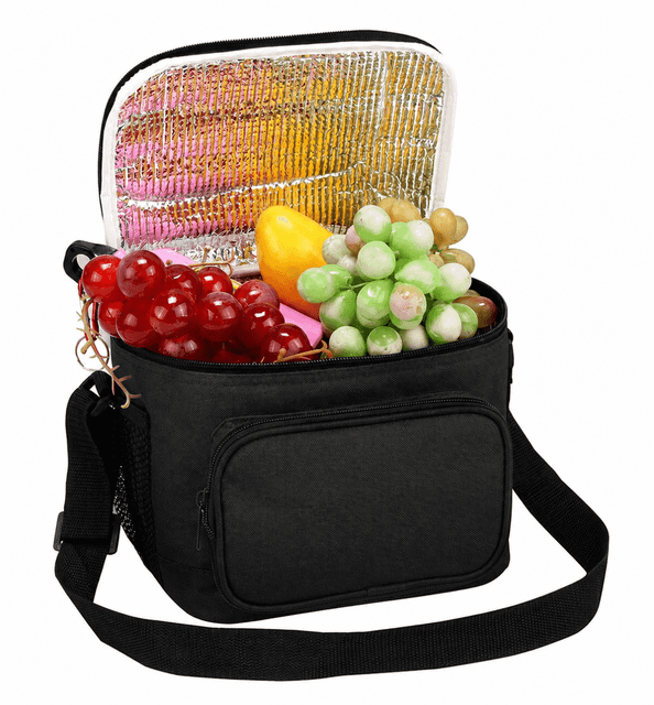 A black cooler bag filled with assorted fruits, including grapes and other vibrant items, with a zippered top.