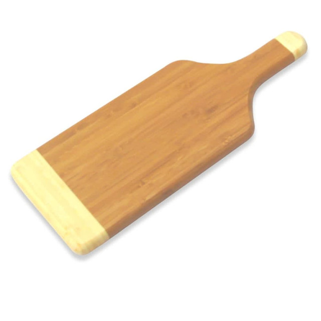A wooden chopping board in light and dark brown shades, featuring a handle and a smooth surface.