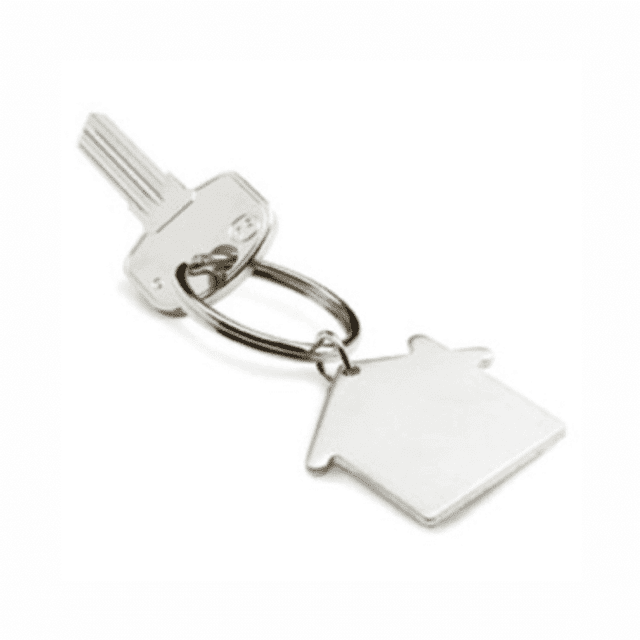A silver key with a keyring shaped like a house. The key has a simple, sleek design. A silver key with a keyring shaped like a house. The key has a simple, sleek design.