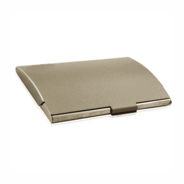 A metallic business card holder in a sleek, minimalist design with a shiny finish. It features a logo on the front.