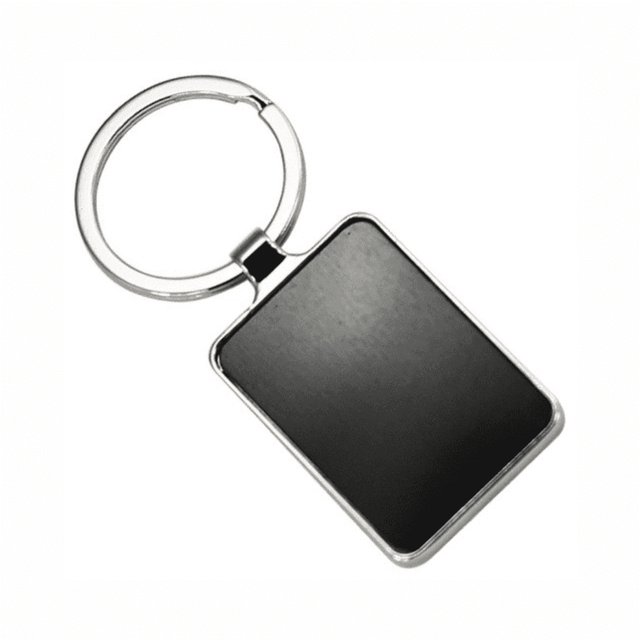 A keyring with a rectangular black tag and a shiny metal ring, featuring a smooth surface. A keyring with a rectangular black tag and a shiny metal ring, featuring a smooth surface.