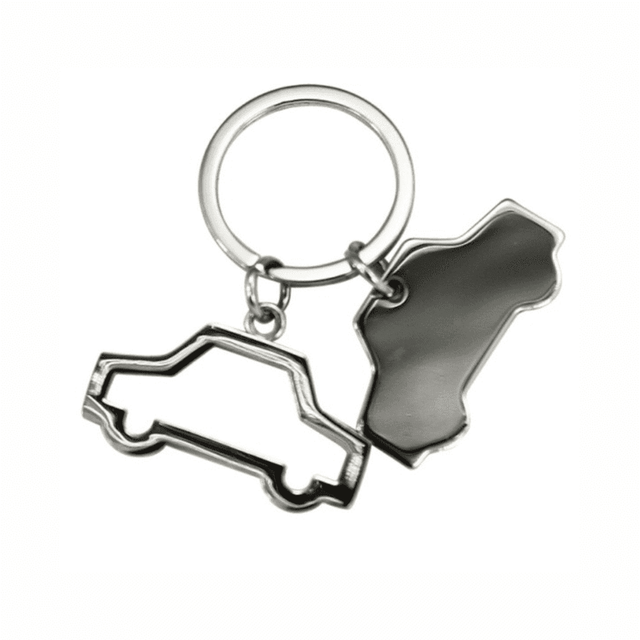 A keyring featuring a silver car silhouette and a blank shaped pendant, suitable for personalisation.