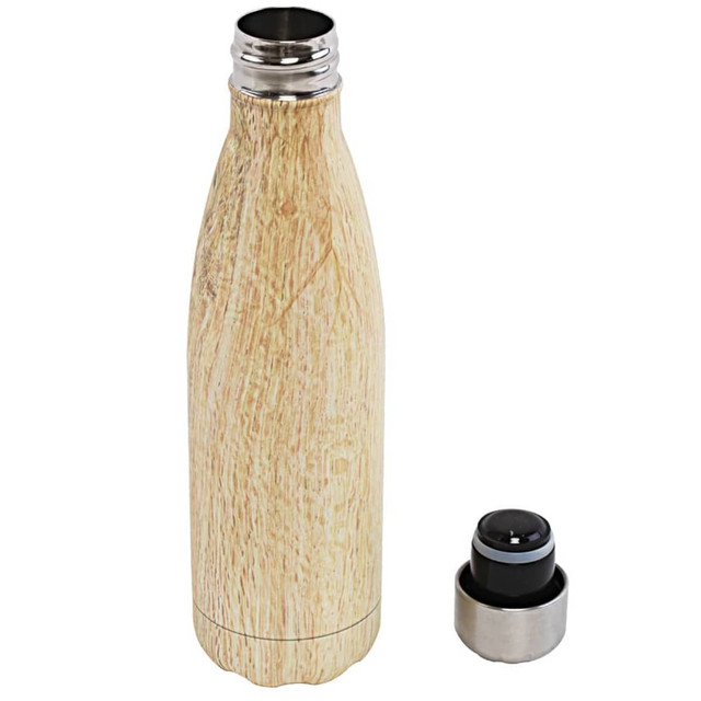 A drink bottle with a wood-like finish and a stainless steel cap, featuring a logo on the body.