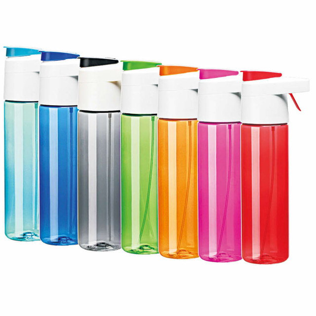 A drink bottle collection featuring eight bottles in blue, grey, green, orange, pink, and purple, each with a white nozzle and logo.