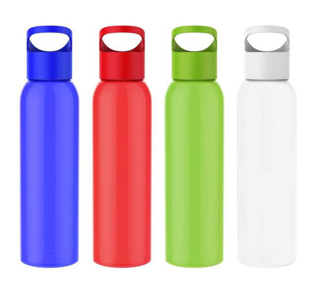 A drink bottle collection featuring blue, red, green, and white colours, each with a matching cap and a logo.
