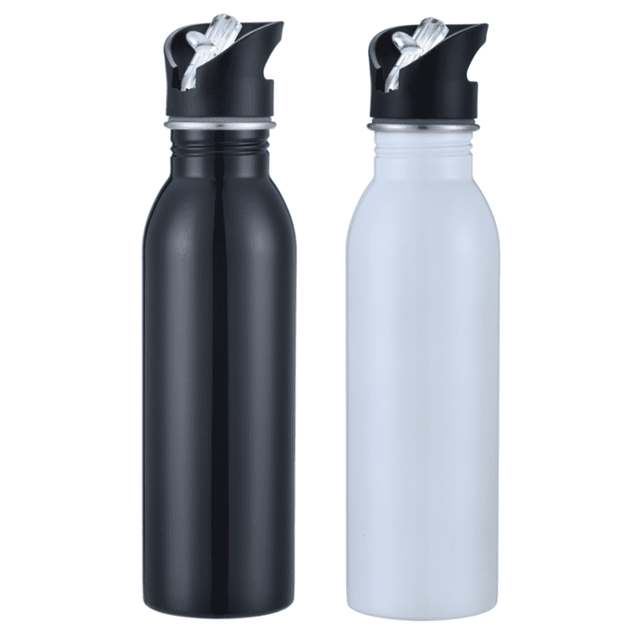 A drink bottle in matte black and glossy white, featuring a sports cap and a logo on one side.