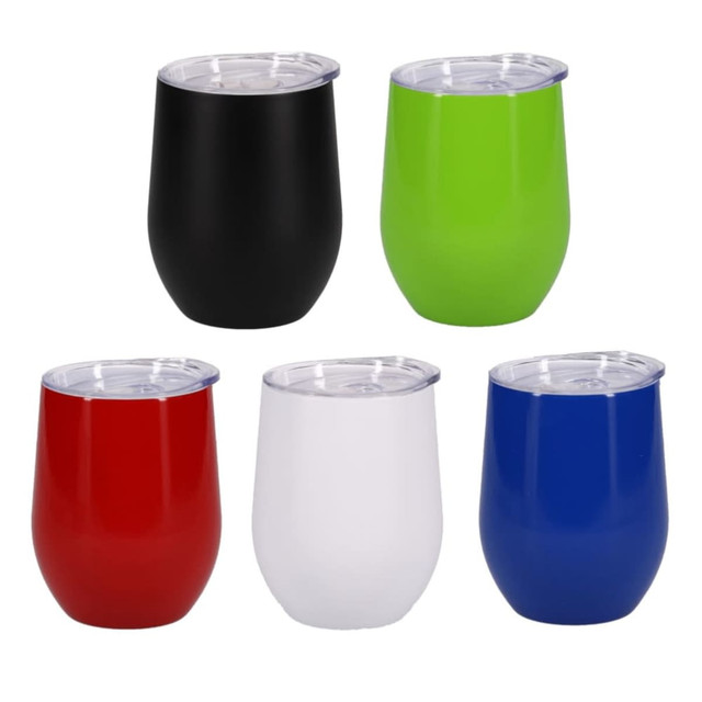 A set of five drink bottles in black, green, red, white, and blue, each with a clear lid.