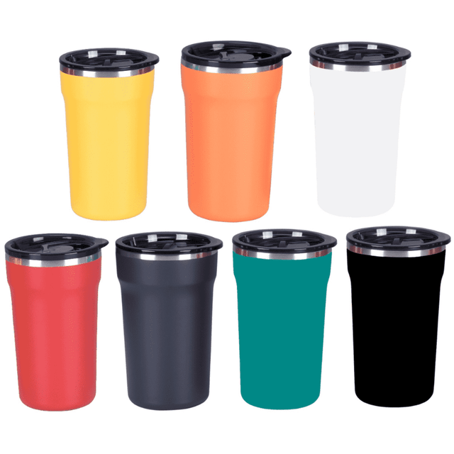 A collection of seven coffee mugs in yellow, orange, red, black, teal, white, and grey with lids and silver bands.