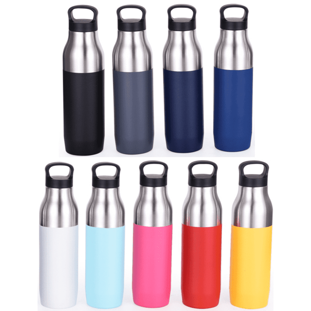 A drink bottle collection featuring stainless steel and various vibrant colours, including black, grey, blue, pink, and yellow.