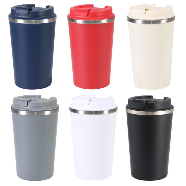 A collection of six plastic tumblers in navy, red, cream, grey, white, and black, each with a stainless steel band and lid.