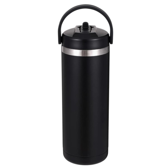 A drink bottle in matte black with a silver band and a curved handle on top. A drink bottle in matte black with a silver band and a curved handle on top.