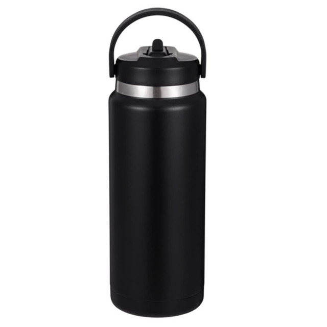 A drink bottle in matte black with a stainless steel band and a handle on the lid. It features a logo.