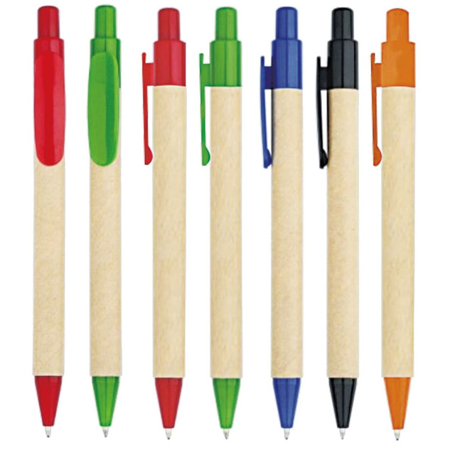 A set of seven pens in various colours: red, green, blue, black, orange, and a natural wood finish. Each pen has a clip.
