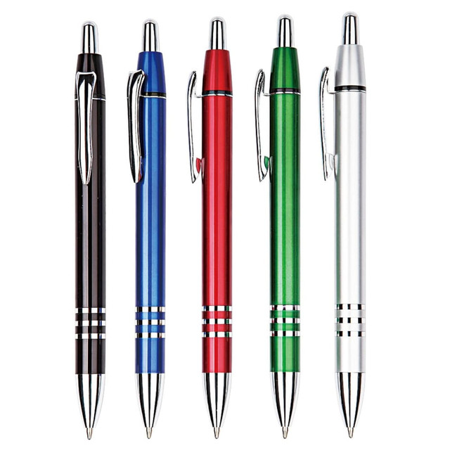 A set of five plastic pens in black, blue, red, green, and silver, featuring chrome accents and clips.