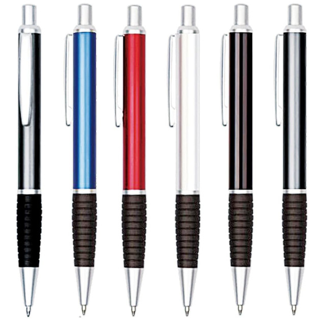 A collection of metal pens in blue, red, white, black, and silver with rubber grips and a logo.