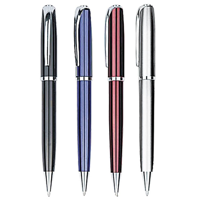 A collection of Eridanus metal pens in black, blue, red, and silver, featuring polished finishes and clip designs.