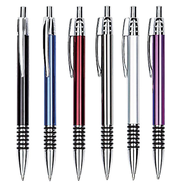 A selection of six metal pens in black, red, silver, and purple with chrome accents and spiral grips.