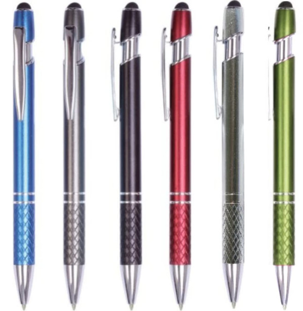 A collection of six metal pens in blue, silver, black, red, grey, and green, featuring a logo on each.