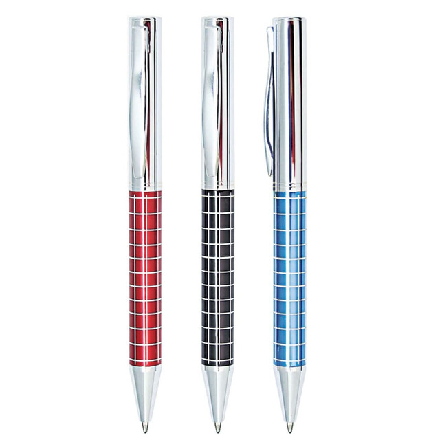 A set of three Horologium metal pens in red, black, and blue, featuring chrome accents and a checkered design.