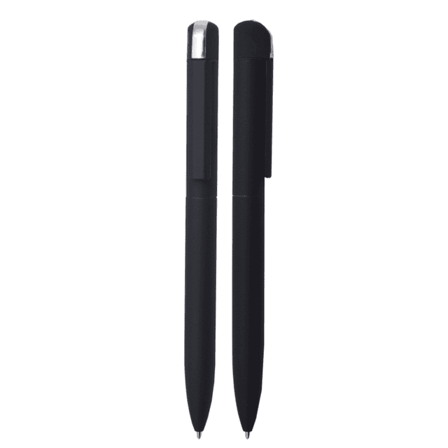 A pair of black metal pens with a sleek design, featuring a clip and a shiny cap. One pen has a contrasting silver tip. A pair of black metal pens with a sleek design, featuring a clip and a shiny cap. One pen has a contrasting silver tip.