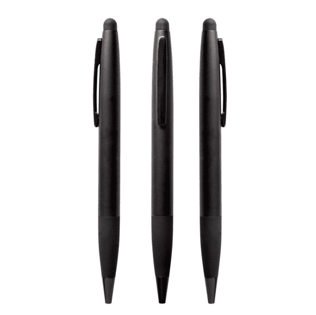 Three black metal pens are displayed, featuring a sleek design and a clip for easy attachment.