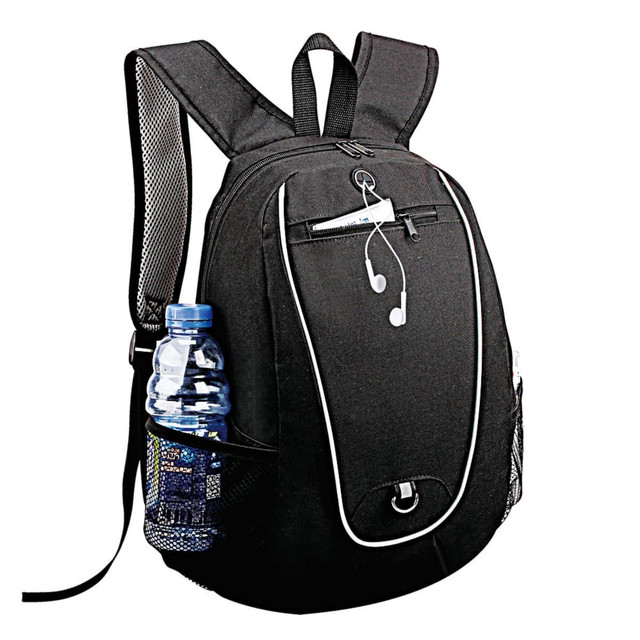 A black backpack featuring a water bottle in its side pocket and earphones attached. It has a sleek design and mesh details.