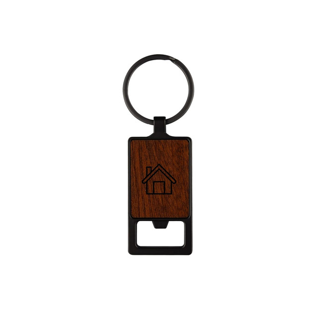 A drink bottle opener with a square wooden handle and a black keyring, featuring an engraved house design. A drink bottle opener with a square wooden handle and a black keyring, featuring an engraved house design.