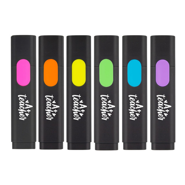 A set of six highlighters in black cases, featuring pink, orange, yellow, green, and blue accents, with a logo. A set of six highlighters in black cases, featuring pink, orange, yellow, green, and blue accents, with a logo.