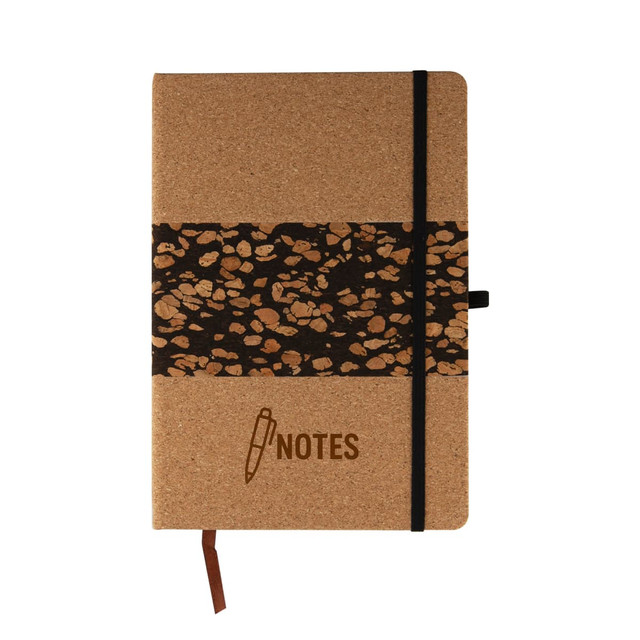 A cork notebook featuring a coffee grounds design band, with a black elastic closure and a ribbon marker.