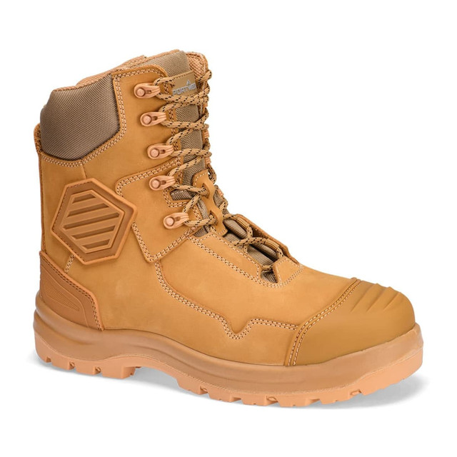 A tan composite leather boot featuring a high ankle design, lacing system, and a logo on the side.
