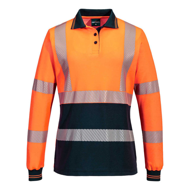 A women’s long-sleeve polo shirt in high-visibility orange with dark blue and reflective stripes, featuring a collar and button placket.