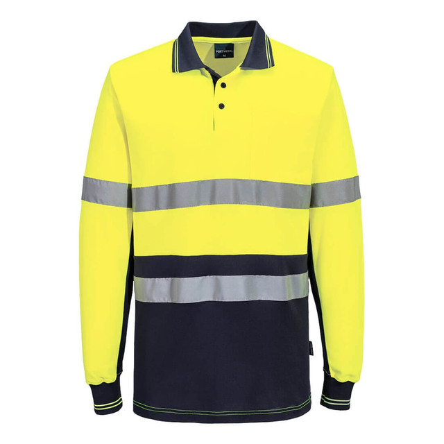 A long-sleeve polo shirt in hi-vis yellow with contrasting navy and reflective stripes, featuring a collar and button placket.