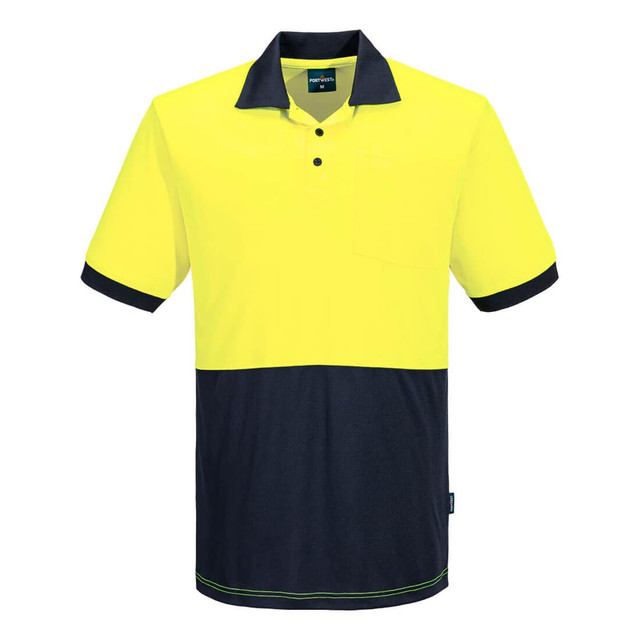 A short-sleeved polo shirt featuring high visibility yellow with a navy blue contrast at the bottom and collar.