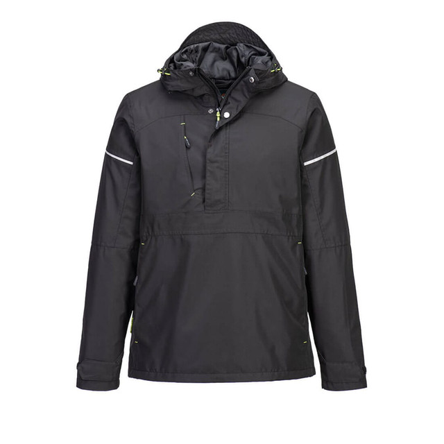 A black overhead rain jacket with a hood, featuring reflective detailing and a logo.