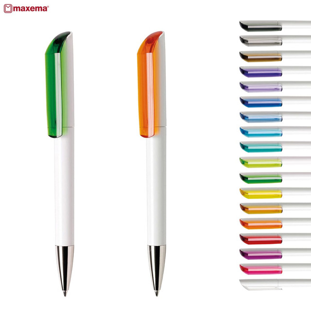 A collection of plastic pens in various colours, featuring two prominent pens with green and orange accents, along with a range of others.