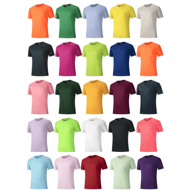 A collection of Saharah dryfit tee shirts in various colours, featuring a logo on each shirt.