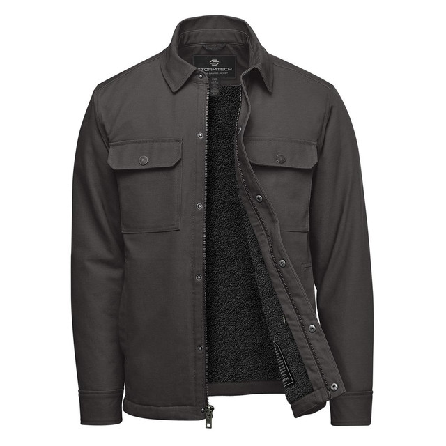 A men's oxford grey jacket with a sherpa lining, featuring two chest pockets and a zip-front opening.