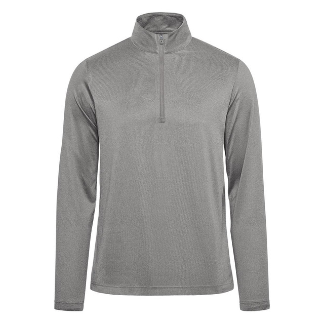 A grey men's pullover featuring a 1/4 zip design and long sleeves. It has a logo on the chest.