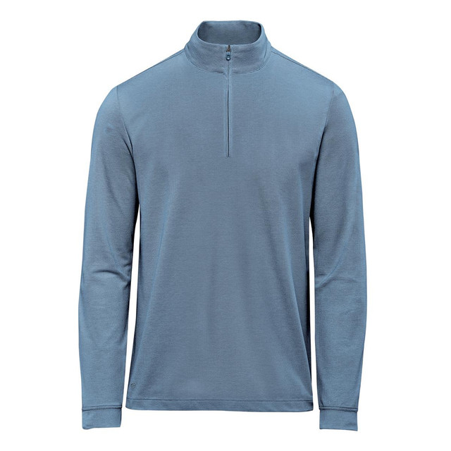 A men's pullover in a soft blue shade with a quarter zip and long sleeves; features a logo.