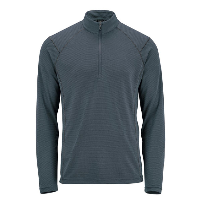 A men's pullover in dark grey with a 1/4 zip collar and long sleeves. Features a logo on the chest.