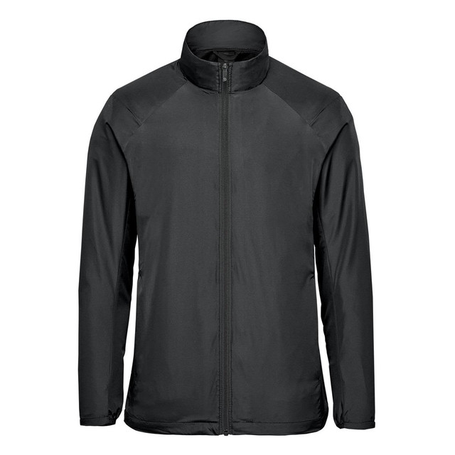 A black men's full zip jacket with a high collar and a sleek design. It features branding on the material.