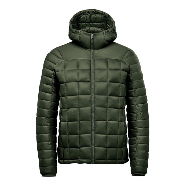 A green puffer jacket with a hood, featuring a quilted design and a zip closure at the front. It has a logo.