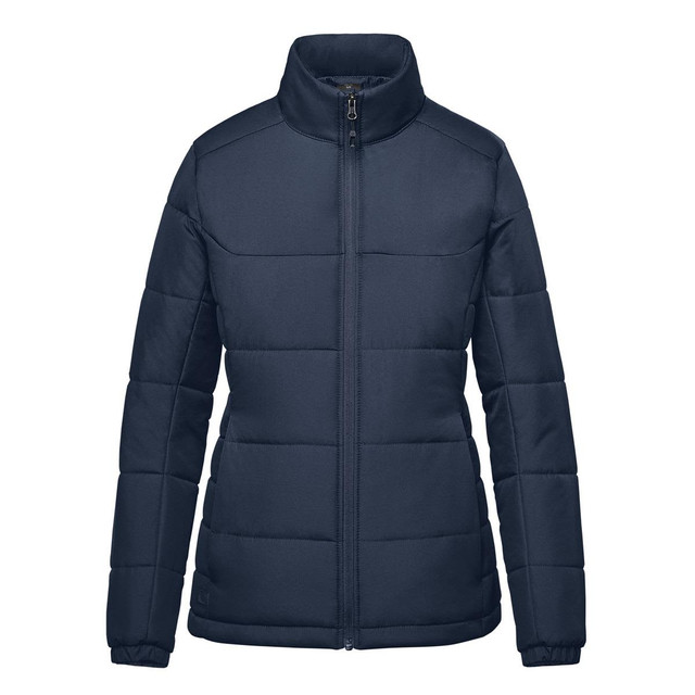 A navy blue women's thermal puffer jacket with a zip front and a high collar, featuring a logo.