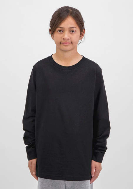 A black long sleeve tee for kids displayed on a model with a neutral background.