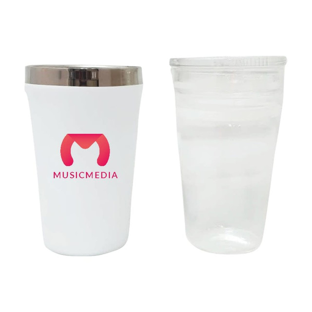 A drink bottle featuring a white exterior with a silver lid and a clear cup beside it, both showcasing simple designs.