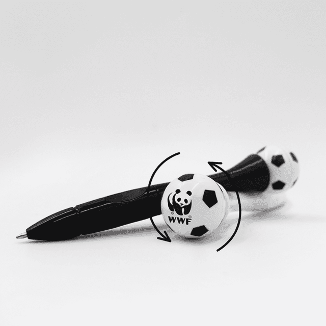 A black pen with white soccer ball ends featuring a logo, designed for fun and interactive writing.