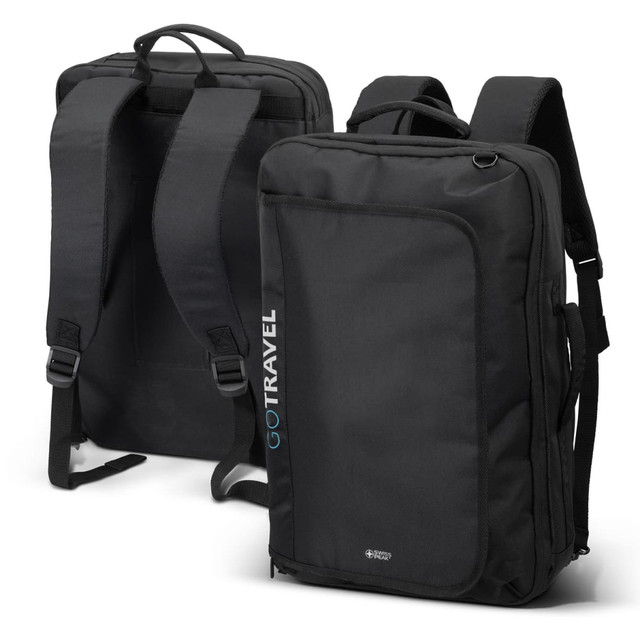 A black convertible travel backpack with adjustable straps and a logo, viewed from the front and back.